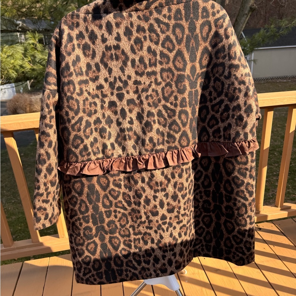 RuXuan Woman’s XL Helen Heart Leopard Print Swing Coat Ruffle Trim 3/4 Quarter - Picture 11 of 14